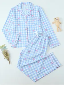 Women's Long Sleeve Pajama Set, Cute Plaid Bow Print Button Front Top and Pants, Casual Soft Home Wear for Spring & Fall, Loungewear
