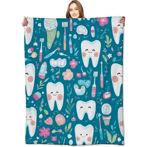 Dental Tooth Fairy Blanket,Cute Toothbrushe Floss Teal Throw Blankets,Dental Hygienist Gifts for Kids Adult, Lightweight Soft Flannel Cozy,for Sofa Couch Bed Room Modern Decor