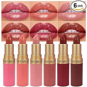 6Pcs Glitter Lipstick Set, Red Rose Pink Brown Glitter Shimmer Shine Lipstick Sets for Women Waterproof Long Lasting 24 Hours Lip Stick Mother's Day Makeup Gift Sets for Women
