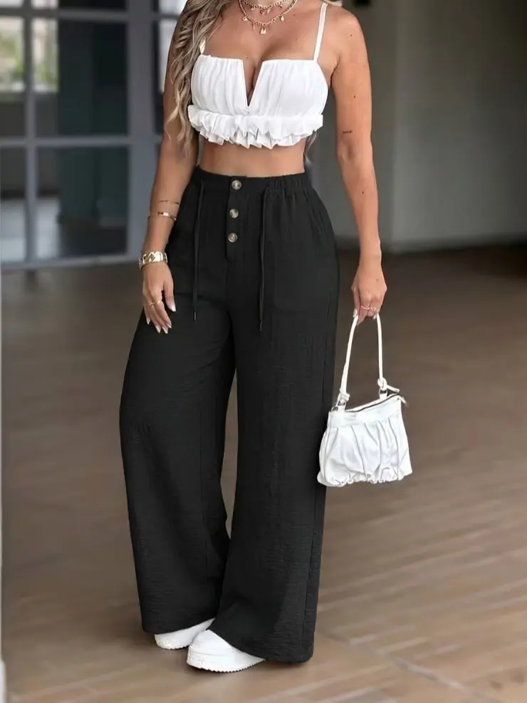 Women’s high-waisted wide-leg pants | Front drawstring with three gold buttons | Drapey summer casual long pants | Polyester fiber material, comfortable and breathable, loose fit