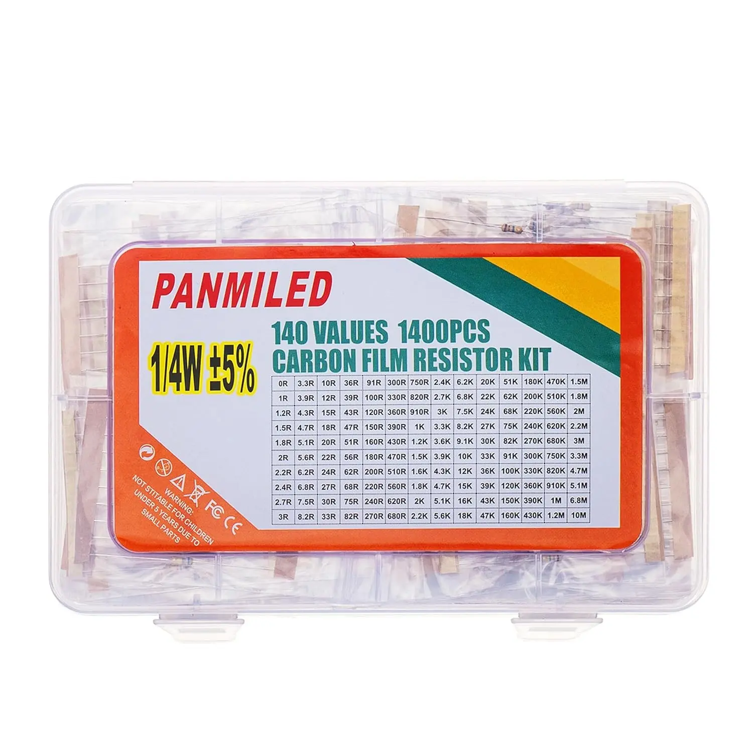 140 Values 1400 Pieces Resistors Assortment Kit 0 ohm-10M ohm, 1/4W 5% Carbon Film Resistor Combination Kit, 0.25 Watt Plug-in Resistor Element Packaging