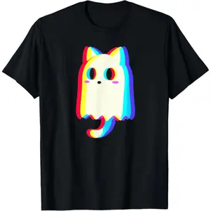 Men's & Women's Short-Sleeve Casual Round Neck T-Shirt, Trippy Vaporwave Ghost Cat Halloween Techno Rave EDM Graphic Tee Crewneck Tshirt