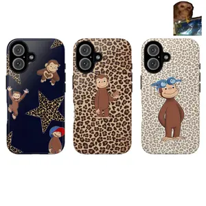 for iPhone 17.Cute Monkey Phone Case Collection – Fun Cartoon Design with Leopard Print Background, Curious George Inspired Protective Cover, Trendy Gift for Fans, Anti-Drop, For IPhone 17 Air 16 15 14 13 12 11 Pro Max Plus