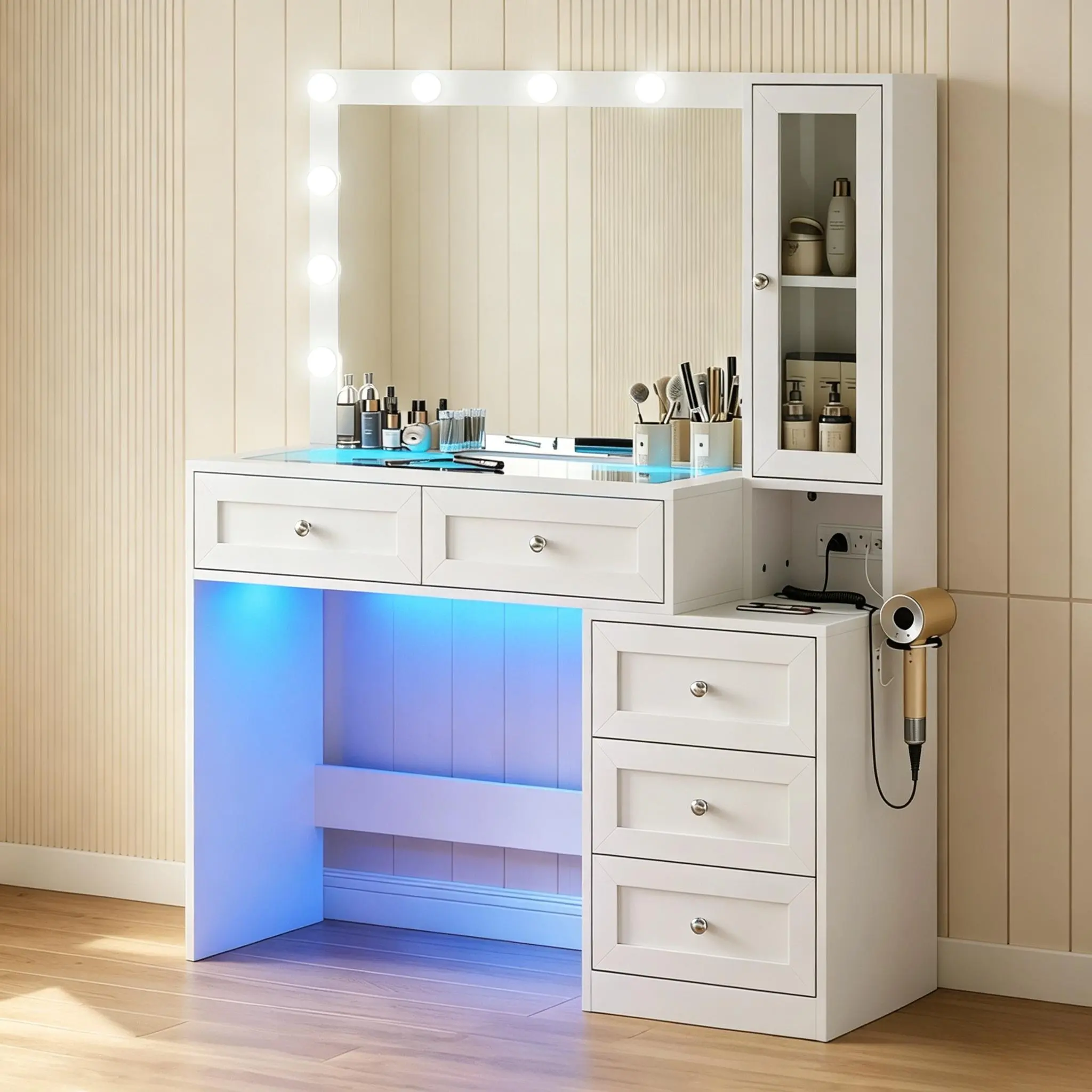 CollaredEagle 35.43" Small Vanity Makeup Desk with LED Lighted Mirror, 5 Storage Drawers, Glass Top & Power Outlet for Ladies and Girls, Modern Bedroom Makeup Table