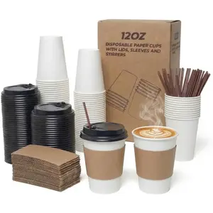 12 oz Disposable Paper Coffee Cups with Lids, 100 Pack, Leak-Proof To Go Cups with Heat-Insulated Sleeves, Hot/Cold Beverage Cups for Office, Party, Travel, Meetings, Camping