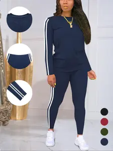 Women's summer round neck long sleeve trousers suit leisure sports home, classic solid color spring basic style. Sleeves and pants side stripes personality casual style Athleisure Wear Set