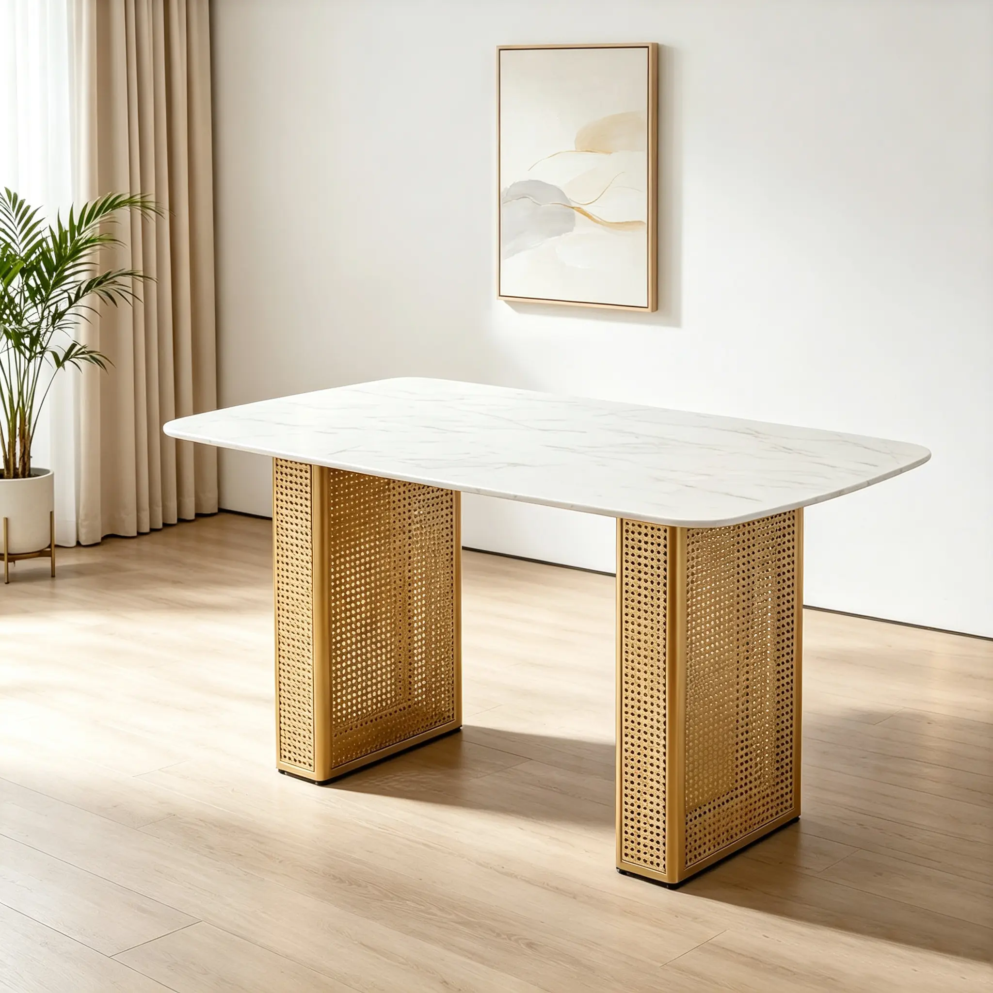 Modern Rectangular 55.1in Tempered Glass Dining Table with Gold Dual-Pedestal Marble-Pattern Top, Sturdy & Airy for 6-8 Seat Meals or Home Office, Gold