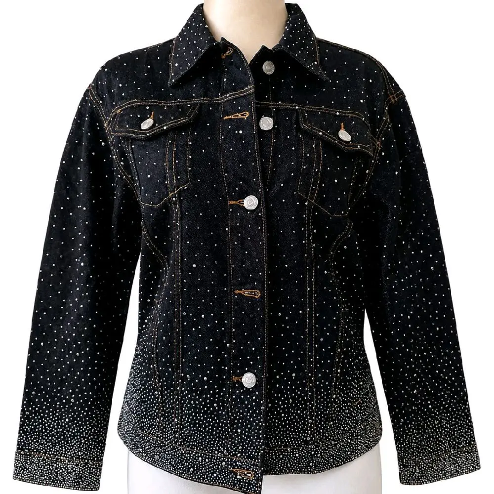 Women's Classic Collared Neck Denim Jacket with Sparkling Rhinestones - Elevated Casual Coat with a Traditional Look, Everyday Wear, Rhinestone Dots, Long Sleeves, Regular Length, Classical Cut, Button-Up, Piece, Rhinestone Accents