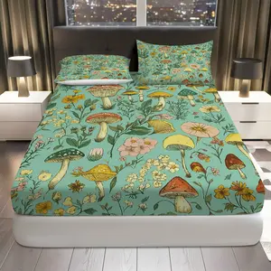 3Pcs Mushroom Floral Nature Fitted Sheet Three Piece Set (1*Fitted Sheet+2*Pillowcases, Coreless), Spring theme, Botanical Bedding Set, Mattress protector Soft, Breathable