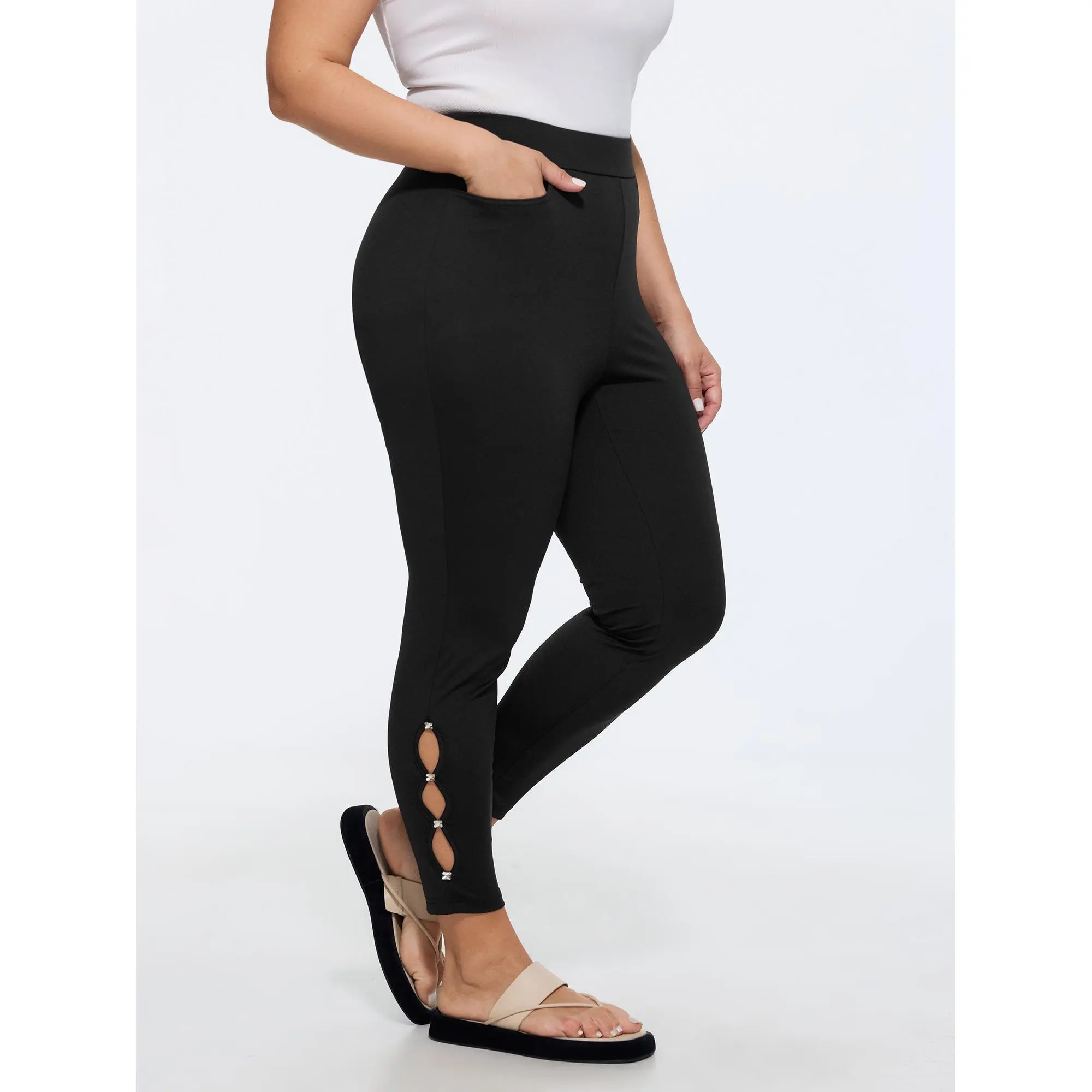 BloomChic Women's Plus Size Basic Mid-Rise Cropped Nylon-Spandex Blend Leggings - Rhinestone Hollow Cut-Outs, Side Pockets, Stretchy, Casual Bottoms, Cool Iron, Do Not Tumble Dry, Cold Wash