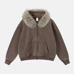 Inflation Men's Soft Long Sleeve Stylish Boxy Cropped Faux Fur Front-Zip Washed Hoodie - Unisex Casual Plain Streetwear Sweatshirts, Father's Day Gift