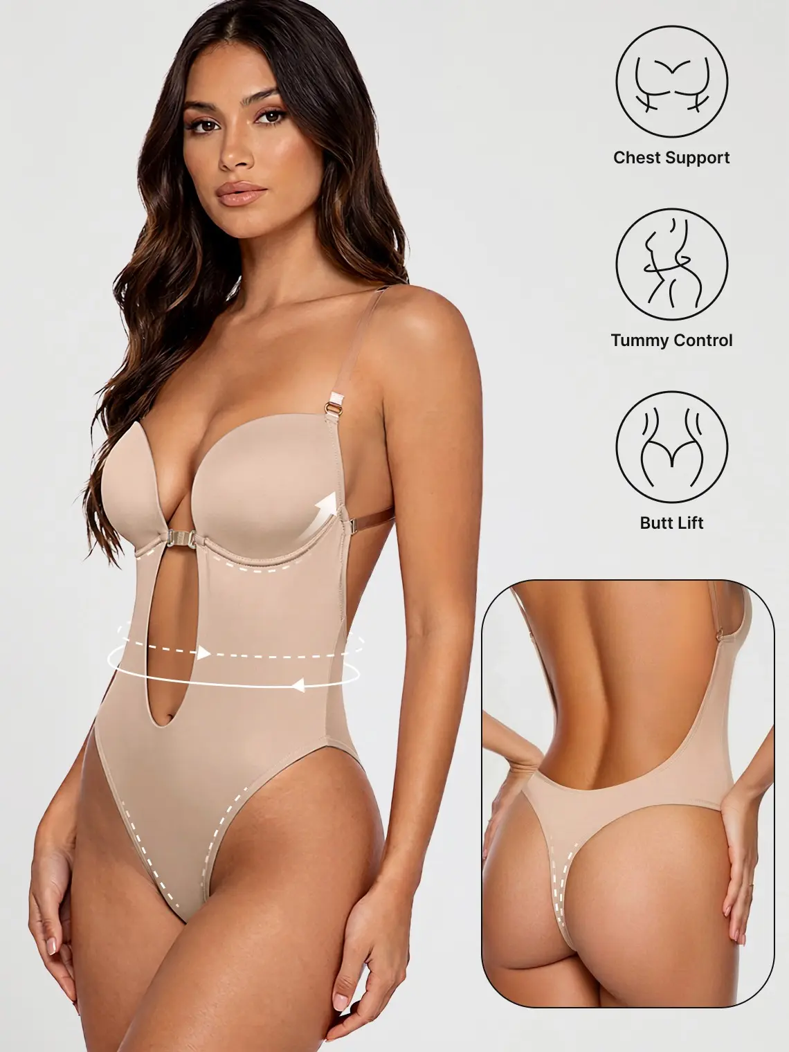 Azazie Women's Seamless Backless Bodysuit, Deep Plunge Tummy Control Thong Shapewear