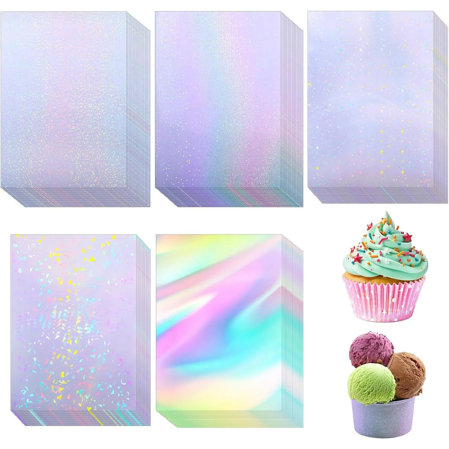 100 Sheets Holographic Sticker Paper, Holographic Clear Vinyl Laminate Film, Transparent Overlay Lamination Sticker, Self-Adhesive  Rainbow Laminating Sheets with A4 Size