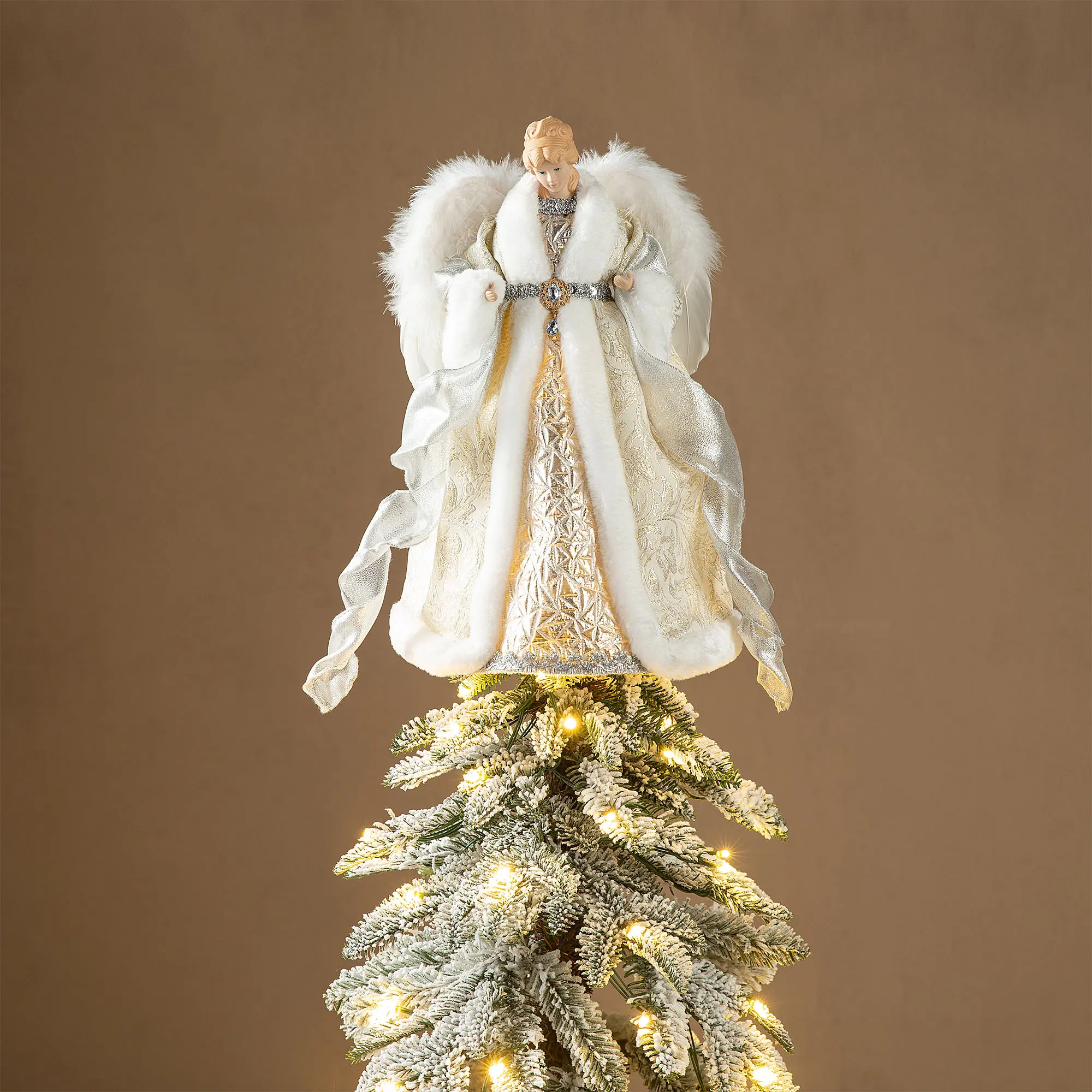 Glitzhome 16"H Porcelain Skin Faux Fur Christmas Angel Tree Topper, Festive Home Holiday Tree Decoration