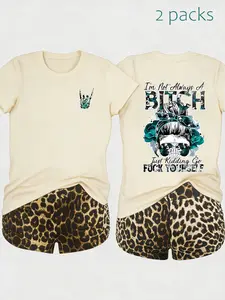 Women's 2-Piece Casual Set, Short Sleeve & Shorts, Sarcastic B!tch Shirt, Funny Dry Humor Tee, Trendy Fruit Pattern, All-Season Wear, Womenswear, Clothes