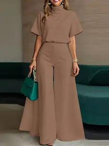ZANZEA Women's Solid Color Short Sleeve High Neck Top + Wide Leg Pants Set, Two-Piece, Casual Fashion Ensemble, Comfortable Daily Wear