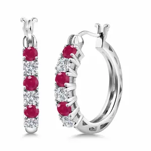 Gem Stone King 925 Sterling Silver Red Ruby and Lab Grown Diamond Hoop Earrings for Women | 1.59 Cttw | Gemstone July Birthstone | Round 3MM