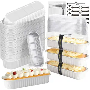 Mini Loaf Pans With Lids And Spoons 100 Pack 6.8 Oz Rectangle Mini Individual Cake Tins Disposable Small Aluminum Foil Baking Pans Baking Containers for Party and Picnics (White)