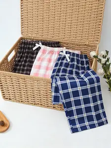 Women's 3 Pack Long Sleep Pants, Spring & Summer Wearable, Plaid Print with Bow Decor, BFF Matching Style, Casual Cozy Home Loungewear, Pajama Sleepwear, Nightwear, Loungewear Pjs
