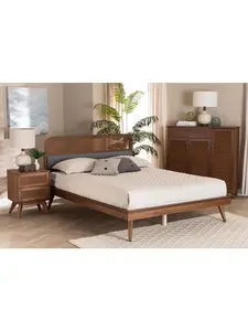 Baxton Studio 193271290727 Irina Mid-Century Modern Grey Fabric & Ash Walnut Finished Wood Platform Bed - King Size