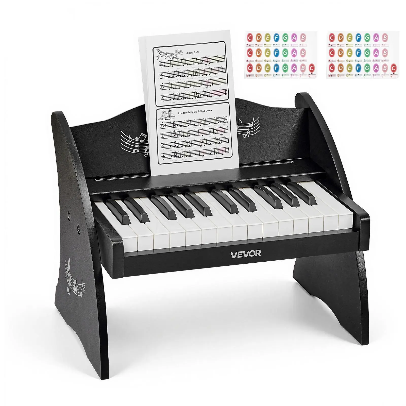 VEVOR 25-Key Wooden Digital Piano for 3-10 Year Olds - Battery Powered, USB Plug-In, Encourages Screen-Free Play, Music Learning Toy with Realistic Sound, Adjustable Volume, Included Note Stickers, Black Holiday/Birthday Gift, Birthdays