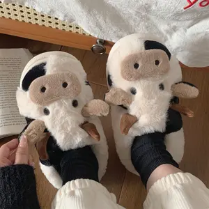 XIXITIAO Cute Fluffy Cow Slipper Women Men,Cartoon Animal Flipflop Cotton Kitchen Shoe,Fall Winter Comfort Warm Slide Indoor Outdoor Footwear