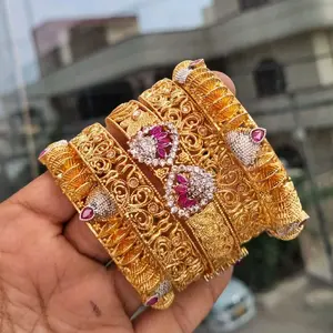 Kundan & Ruby Stones Bangle Kara Set Pair Fits 2.6-2.8. Traditional Indian Rhinestone & Bead Bracelet Set