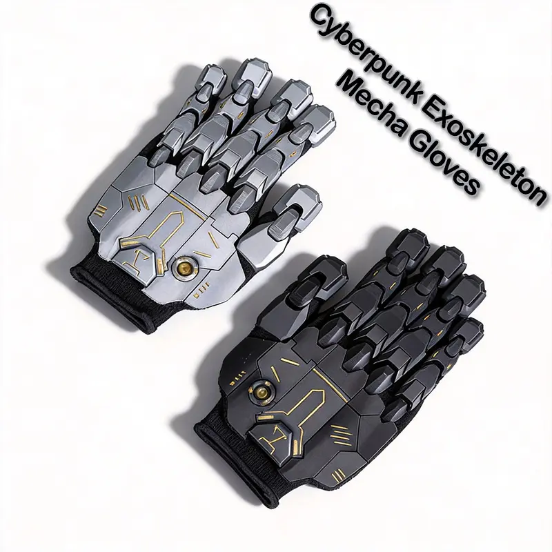 Black Cyberpunk Mechanical Palm Gloves - Grey 3D Mecha Plating Sci-Fi Armor Shell, Breathable Elastic Nylon Techwear, 1-Size Stretch Fit Prop Accessories for Action & Toy Figure Enthusiasts