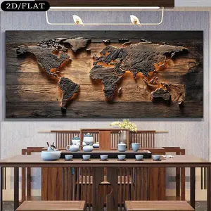 Modern abstract world map wall decoration - Dark brown and golden textured canvas print, minimalist global decorative style, suitable for living room, bedroom, office, indoor/outdoor use.
