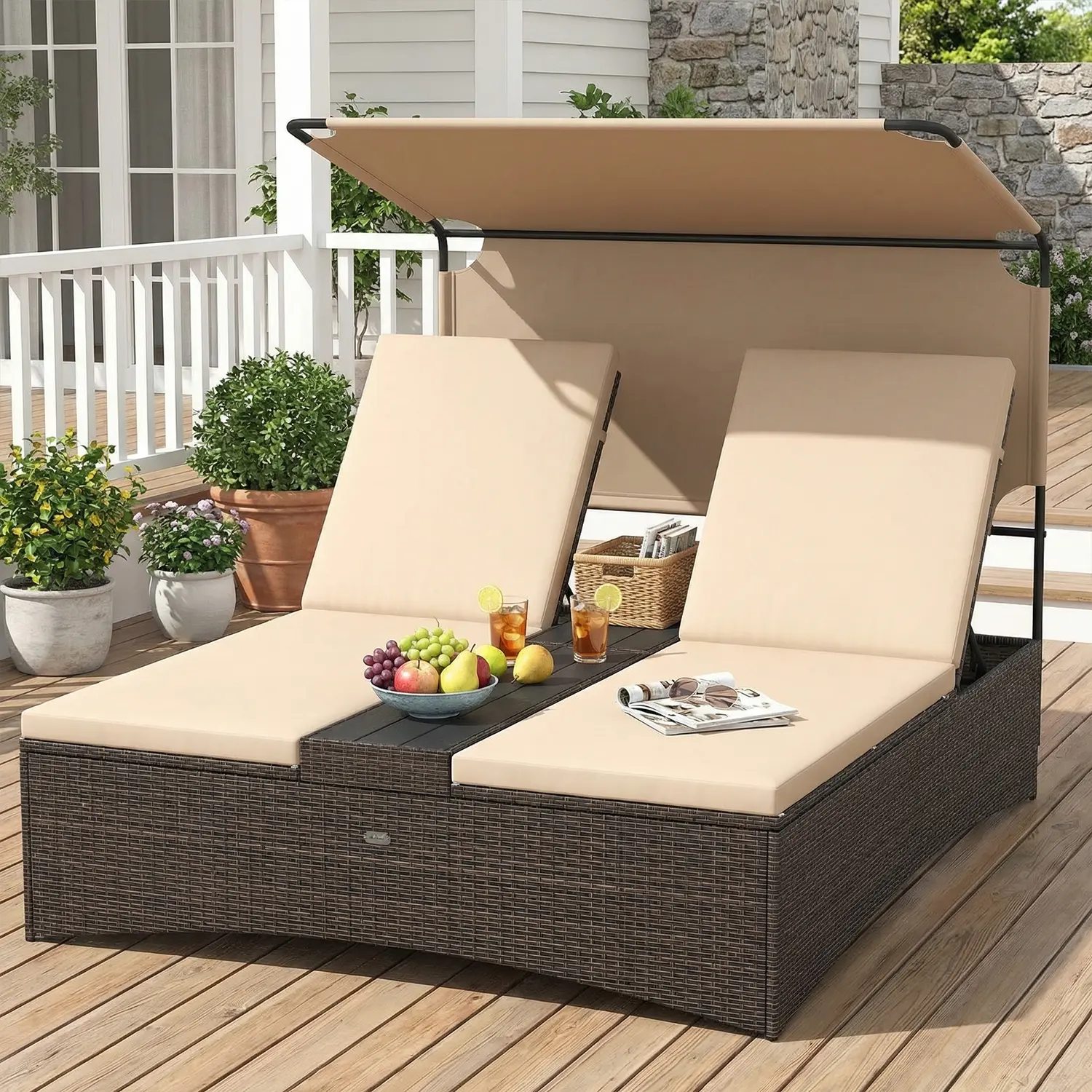 Spaco Modern 2-Person Brown Sturdy Metal Outdoor PE Rattan Daybed with 4-pos Backrest, Shade, Full-Length Washable Covers - Indoor-Outdoor Patio Sofa for Garden Relaxing