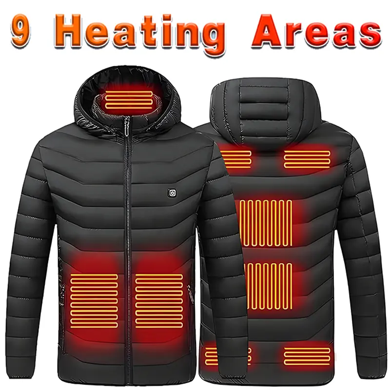 Upgraded 9 Zone Heated Jacket with Extended Heating Coverage 1 Independent Switches & 3 Heat Settings Warm Hooded Outerwear for Men Women Winter Work Ski Camping Hunting Long Sleeve