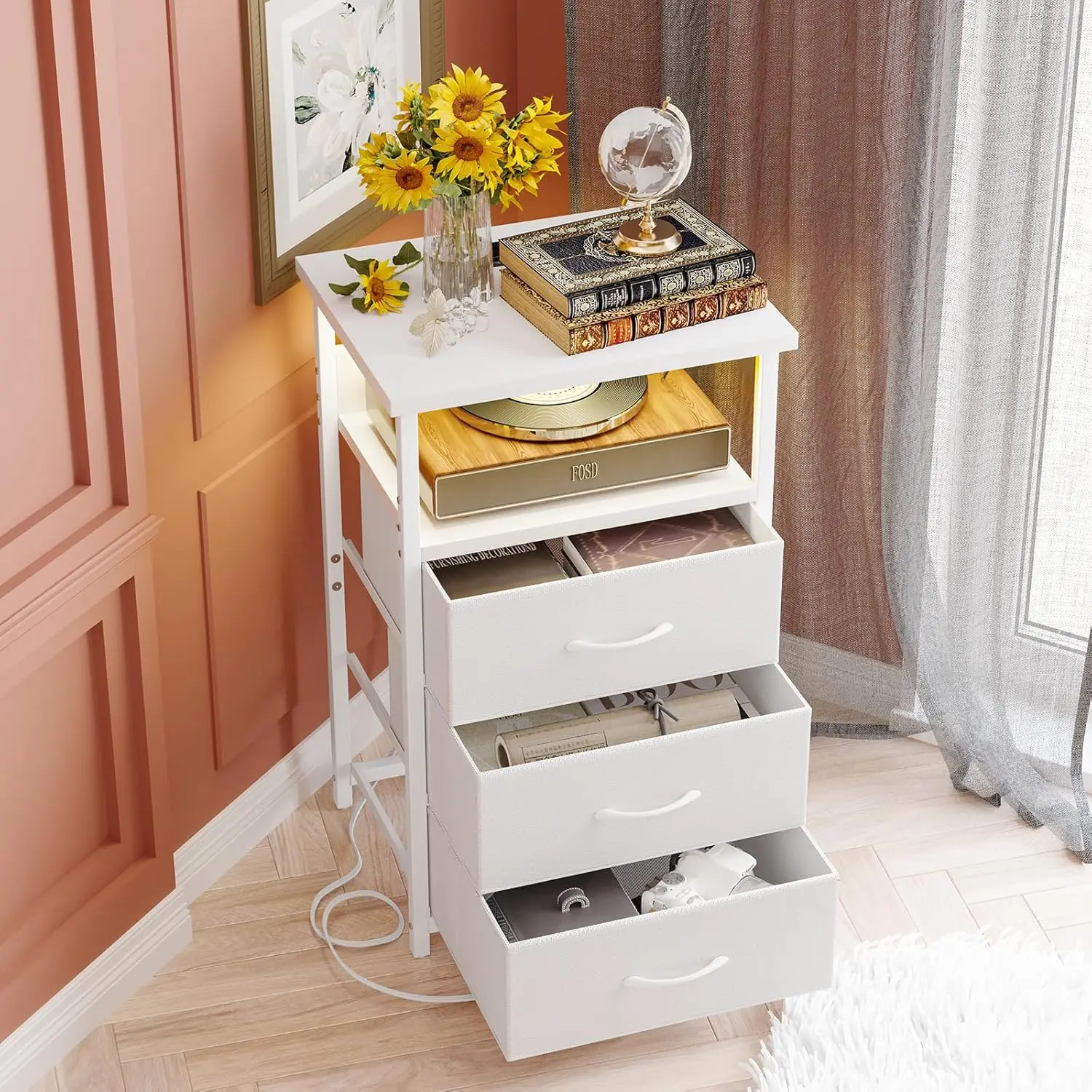Night Stand with Charging Station, LED Nightstand with U-S-B Ports and Outlets, 3 Fabric Storage Drawers with PU Finish, Bedside Table, White
