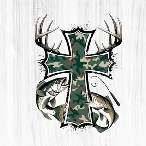 Camo Cross Hunting & Fishing Sticker – Antlers, Bass & Camouflage Faith Decal for Trucks & Coolers