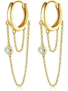 2 Pcs Sterling Silver 925 Tassel Chain Drop Dangle Small Hoop Earrings for Women Girls Cubic Zirconia Huggie Earrings Gold Plated Fashion Threader Tassel Dangling Hoop Earrings Stud Earrings Jewelry