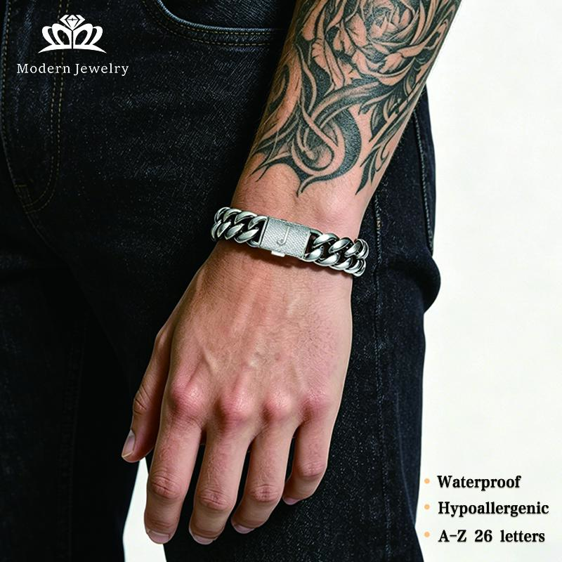 Men's 14mm Cuban Link Chain Bracelet, Chunky Hip Hop Punk Stainless Steel Jewelry with a Personalized Alphabet Clasp, Waterproof Gift for Father's Day, Everyday Wear, Initial Clasp, 7.5In, Geometric Links, Hypoallergenic Fit, Bracelets, Chunky Link