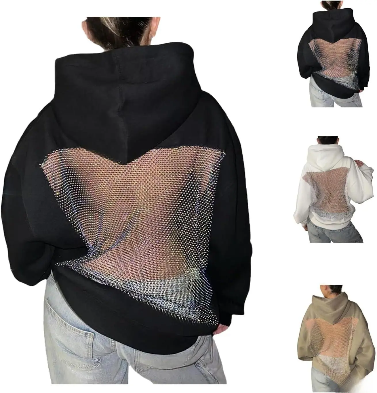 Crystal Mesh Back Hoodie - Hoodie Hollow Mesh Back Women's Sweatshirt,Breathable Party Long Sleeve Top,Y2K Cutout Sweatshirt