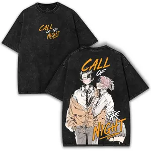 Yofukashi no Uta x Call of the Night Oversized Vintage Tee – Washed Heavy Cotton Couple Graphic | For Real Otaku Fans Drop Basic Dress