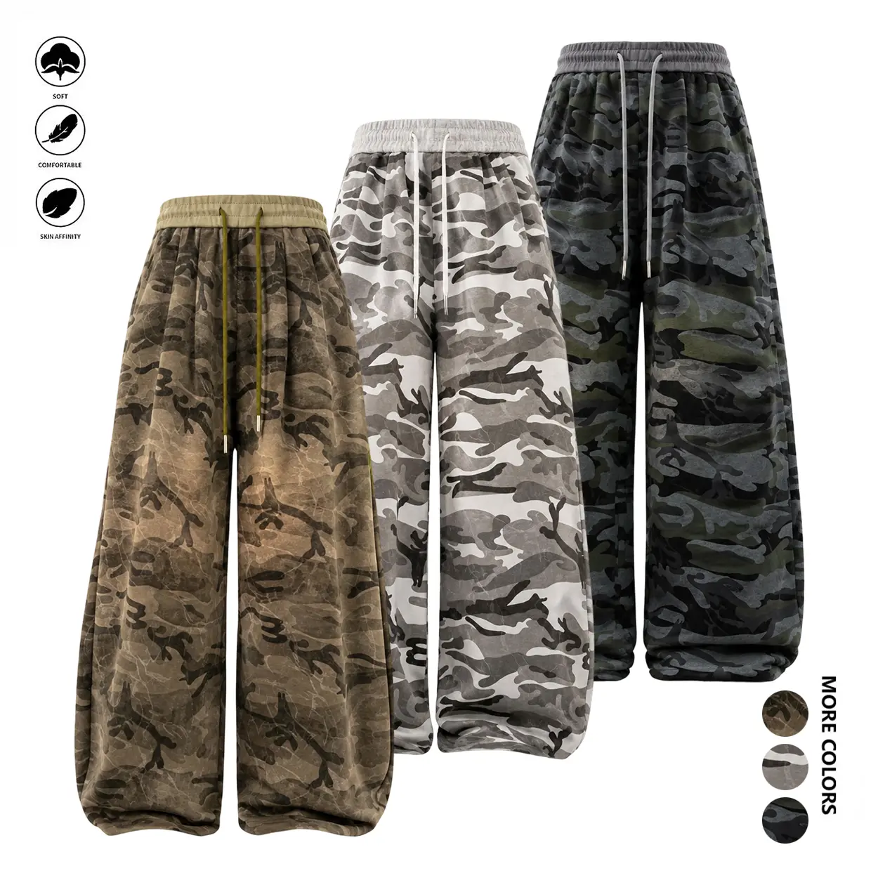Men’s camo baggy pants, wide-leg sweatpants, Y2K streetwear, loose fit, casual athletic joggers, camouflage outdoor fashion, hip hop skateboard pants