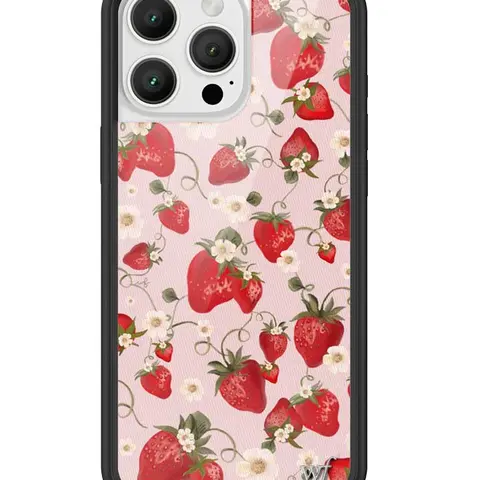 Strawberry Fields | Limited Edition Trendy iPhone Case | Raised Protective Black Bumper | Women Owned Small Business | Baby Pink Background White Daisies Green Vines Vibrant Red Strawberries | Safety Casing Protective | Gift for Her