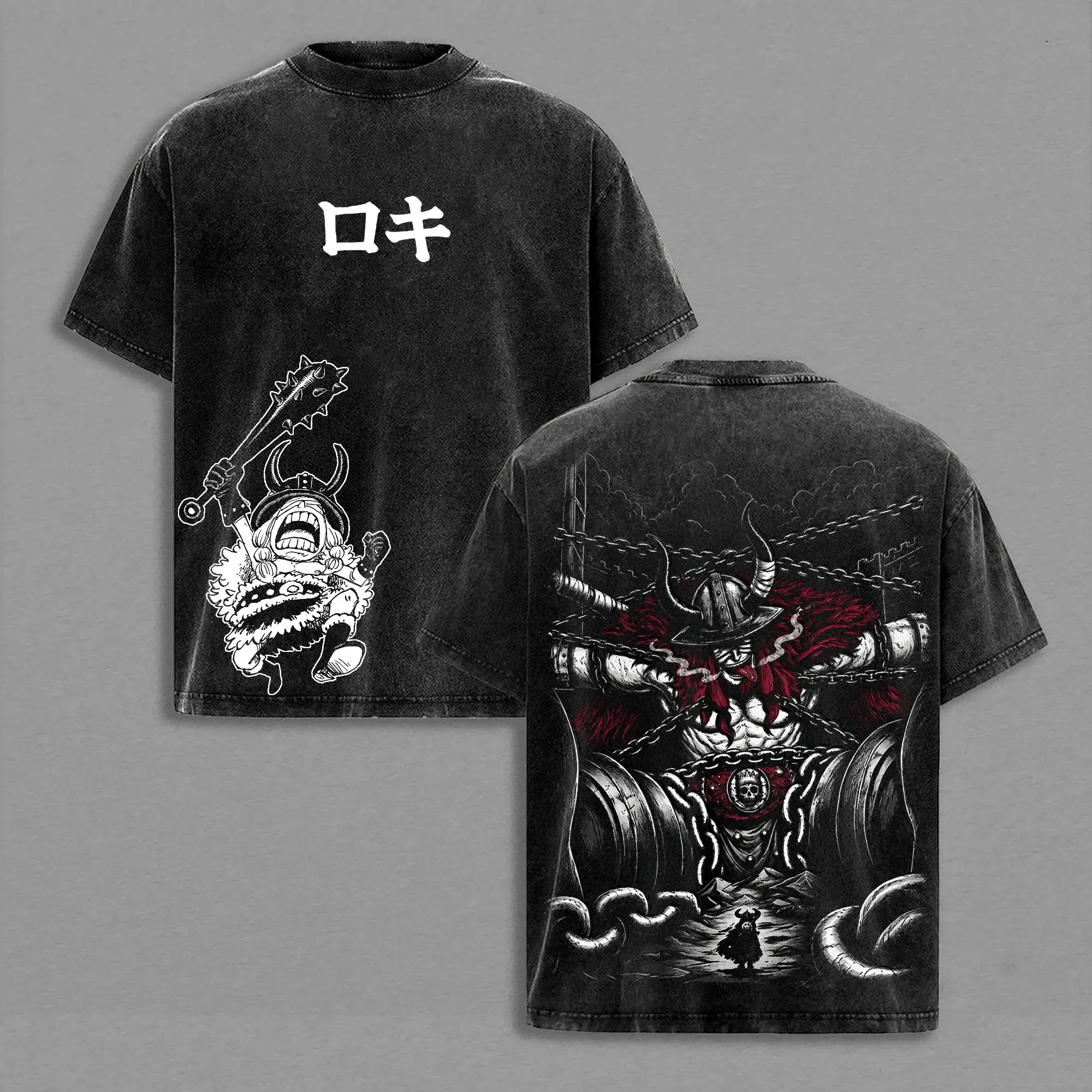 Men's Loki Washed Baggy Oversize T-Shirt - OP Anime Elbaf Giant Prince Manga Graphic Double-Printed, Short-Sleeve Heavy Cotton Unisex Cargo Drape Streetwear Vintage Vibe Tee