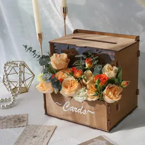 Wooden Wedding Card Box with Flower Trough, Brown Gift Card Box for Wedding with Acrylic Board, Wedding Card Boxes for Reception Rustic Wedding Decor for Graduation Baby Showers Birthday Party