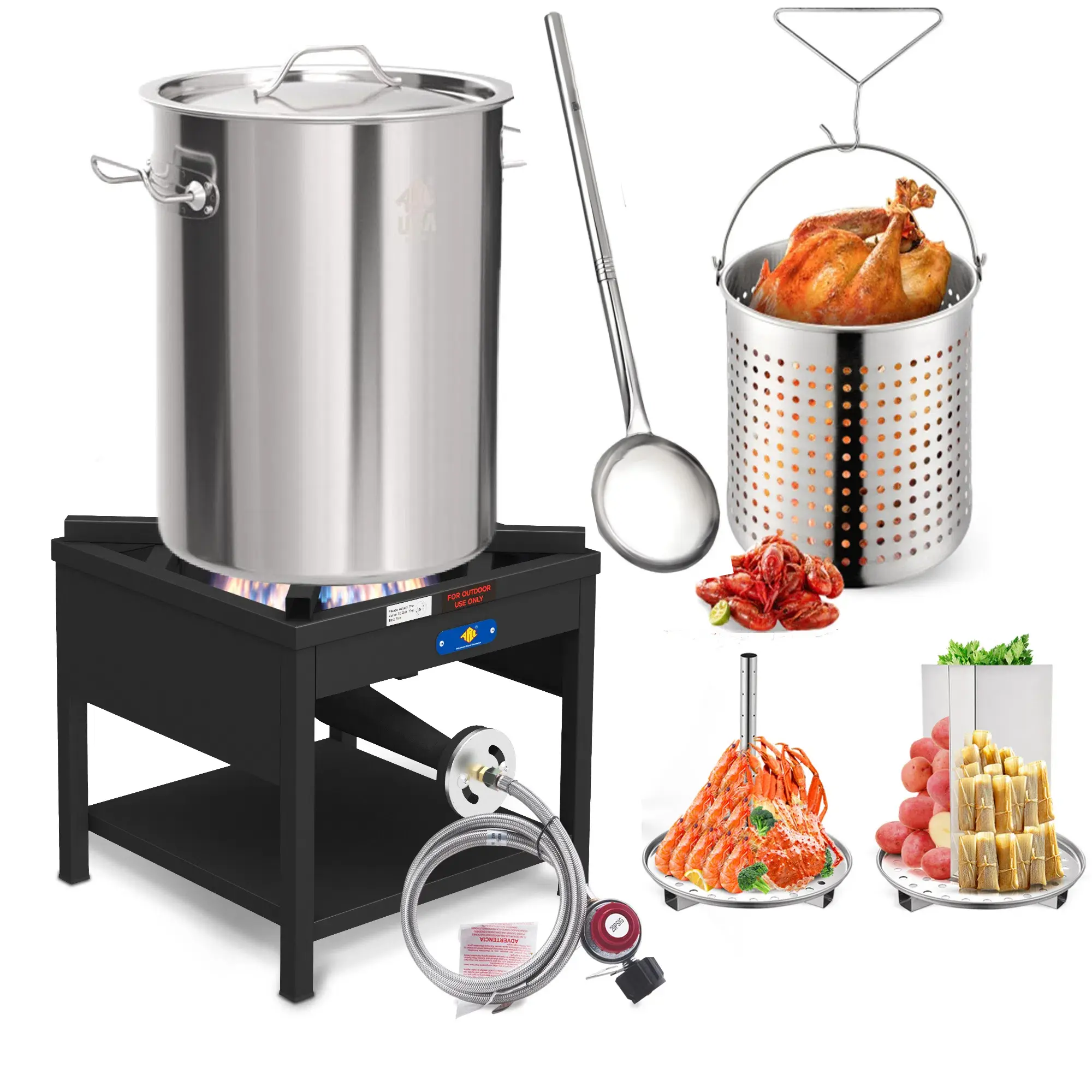 ARC 32QT Seafood Boiling Kit, 200,000BTU Propane Burner and 36" Large Spoon, Crawfish Boil Pot w/Basket and Steamer Rack, Outdoors Cooking and Steaming, Large Turkey Fryer Pot, Lobster Shrimp Pot