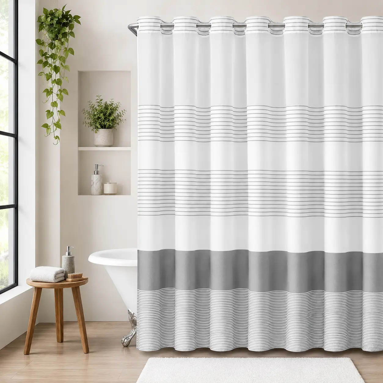 Gray striped geometric double-layer shower curtain, no-drill hookless design, with sheer top window for light transmission, quick installation and easy removal for cleaning, suitable for hotels, homestays, and modern home bathrooms,72x75