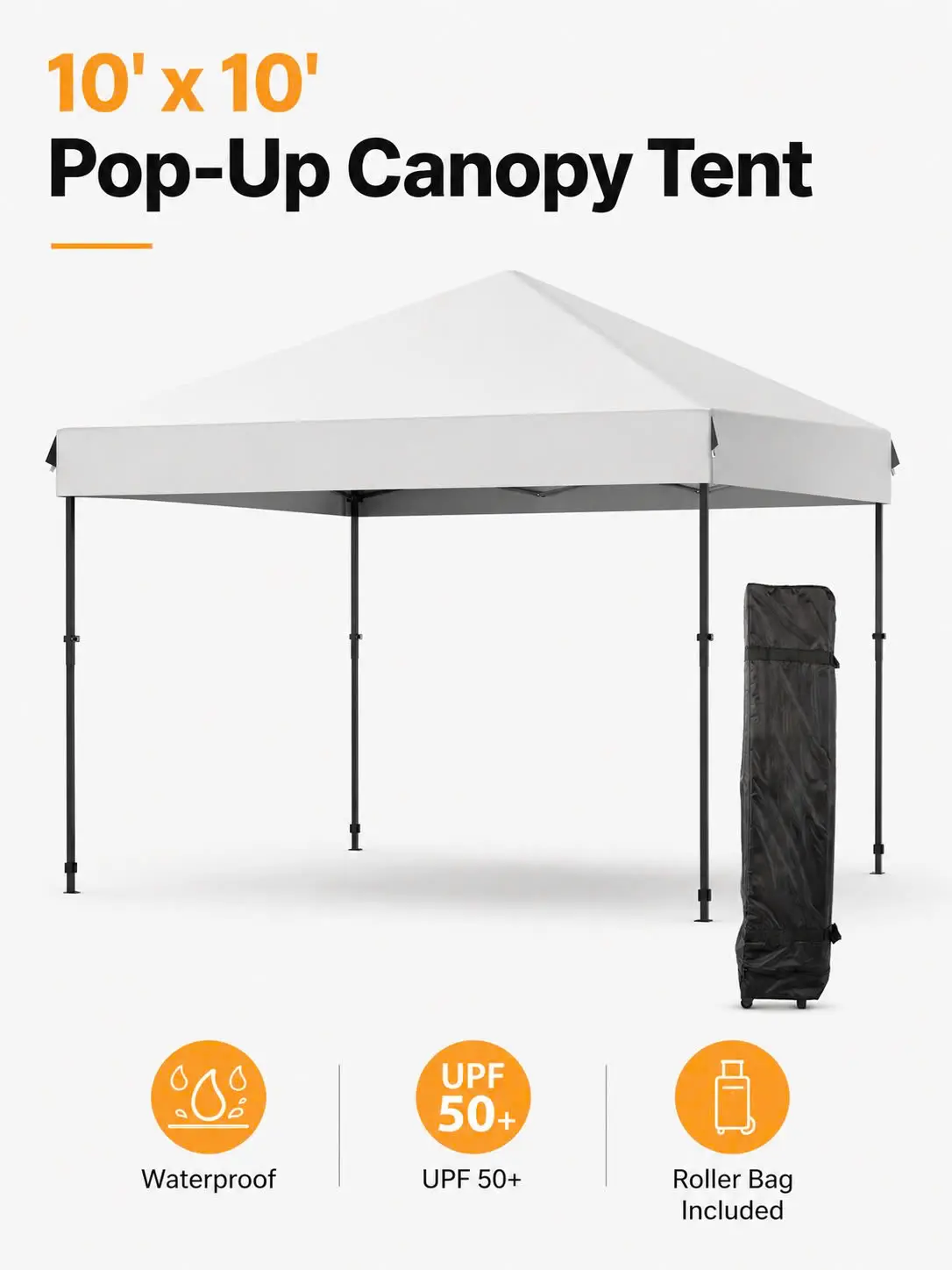 10x10 FT Polyester Square Pop Up Canopy Tent, Waterproof UPF50+ Outdoor Instant Shelter with Roller Bag, Sandbags, Stakes, Ropes, Easy 1-Person Set-Up