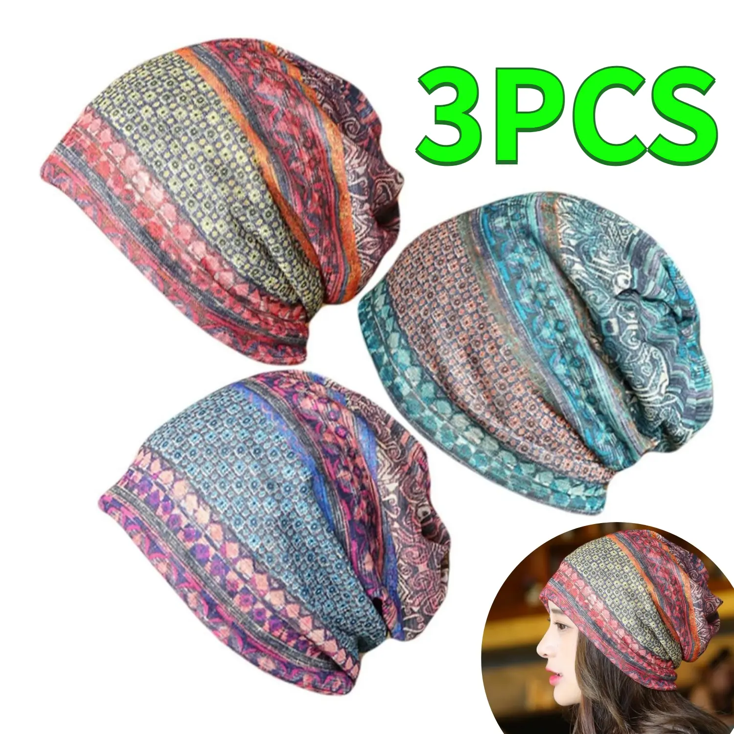 3PCS Female Slouchy Beanie Chemo Hats - Breathable Skull Cap, Stretch Cancer Head Wraps, Double Sided Scarf, 1 Size for Daily Casual & Sleep Wear (Home Improvement, Hiking)