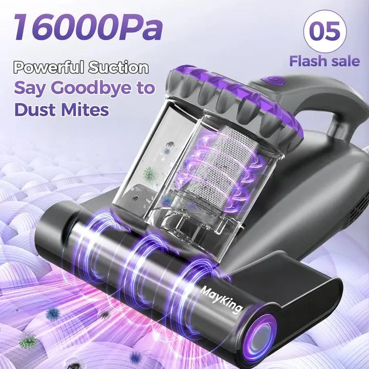 MayKing UV-C Light Mattress Vacuum Cleaner(05) with 16kPa Powerful Suction, 33,000 RPM Tapping, HEPA Filter, Ultrasonic Technology & 149°F Hot Air, Handheld Vacuum for Daily Cleaning and Mite Removal of  Bed, Sofa and Baby Crib