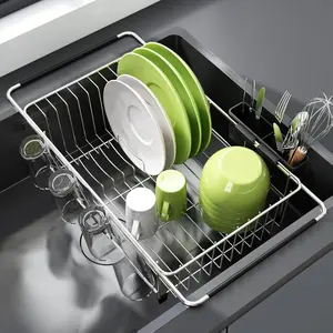 Dish Drying Rack in Sink, Expandable Stainless Steel Dish Drainers for Kitchen Counter, Dish Dryer Rack for Inside Sink, Over The Sink Dish Racks with Utensil Holder, Silver