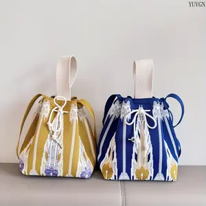 Retro Floral Contrast Knit Drawstring Tote Bag for Students, Lightweight Durable Foldable Polyester Bag with Fixed Shoulder Straps, Hand Washable for School & Daily Casual Use