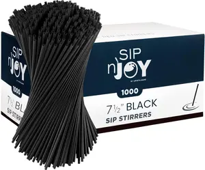 Crystalware, Plastic Stir Straw, Sip Stirrer, For Coffee and Cocktail, 7 1/2 Inches 1000/Box, Black