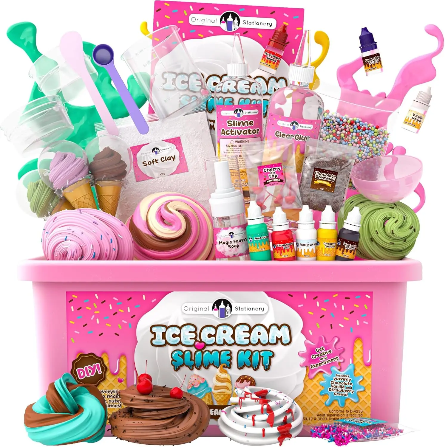 Valentine's Day Gift Ice Cream Slime Kit for Girls, DIY Cherry-Scented Slime Making Set with 31 Pieces, Fun Arts and Crafts for Kids Ages 8–12, Christmas and Holiday Gift